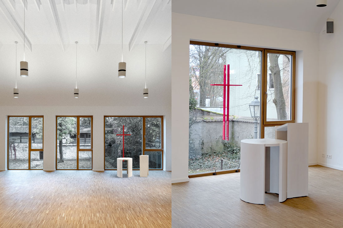 Zwei Ansichten des Gottesdienstraumes